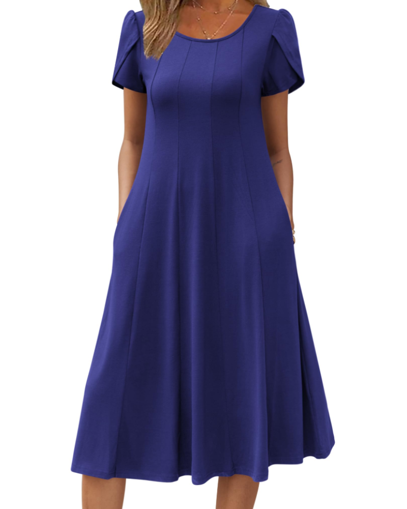 Vestido Camille Mulher – Vestido Midi Floral Corte A Linha Mangas Curtas Bolsos Cintura Alta Verão
