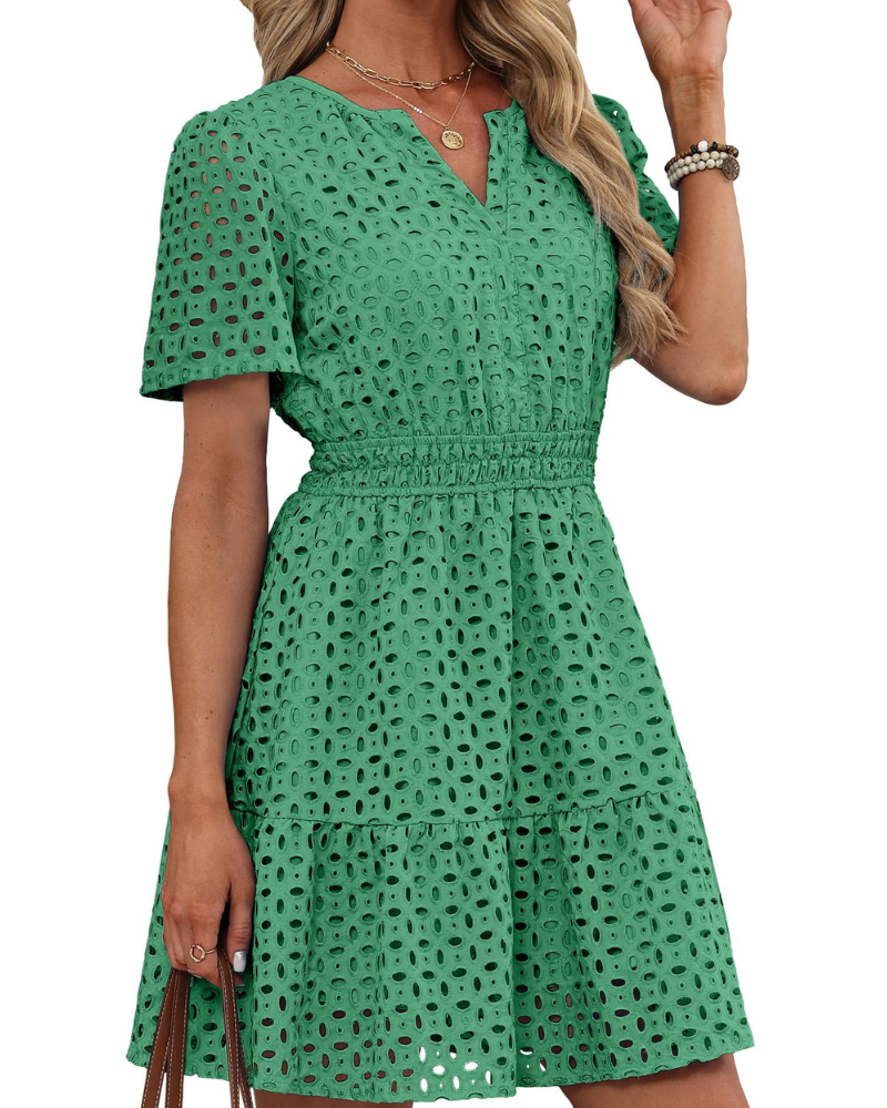 Hedwig Robe Femme – Col V Dentelle Brodée, Manches Courtes & Coupe Mini Taille Haute Été