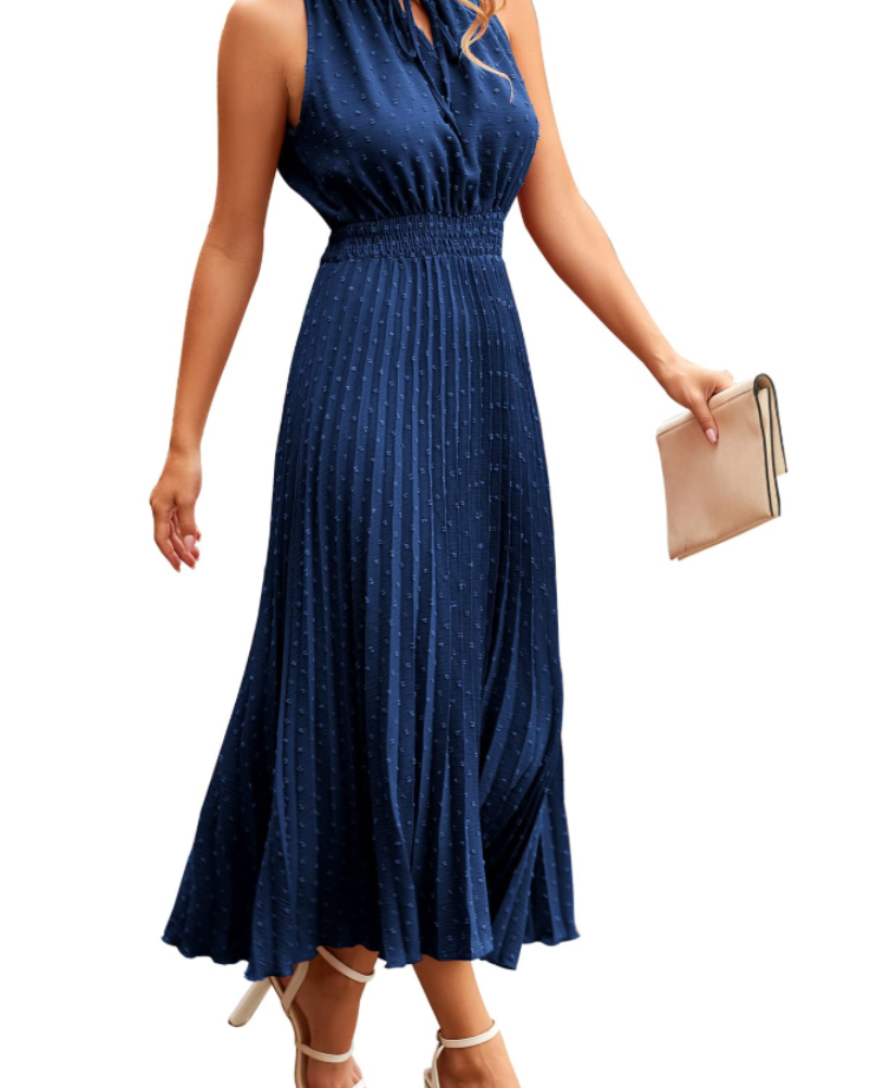 Vestido Vina para Mulher – Vestido Midi com Decote em V, Swiss Dot, Folhos, Sem Mangas, Cintura Alta, Verão