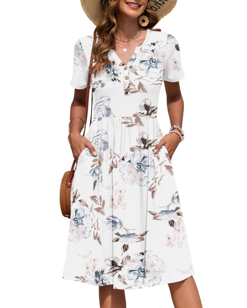 Ester Damenkleid – Midikleid für den Sommer mit V-Ausschnitt, kurzen Ärmeln, Knopfleiste, Empire-Taille und Taschen