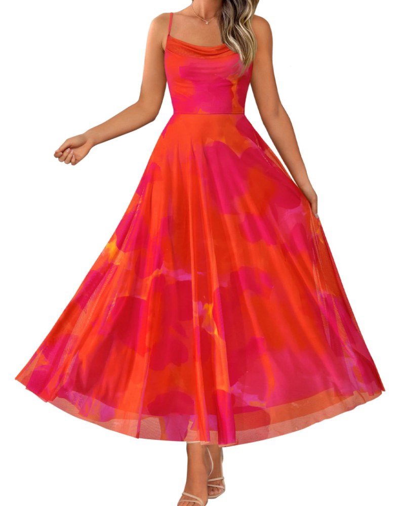 Denise Robe Femme – Robe Maxi Fleurie Bretelles Fines Col Drapé Coupe A-Line Élégante