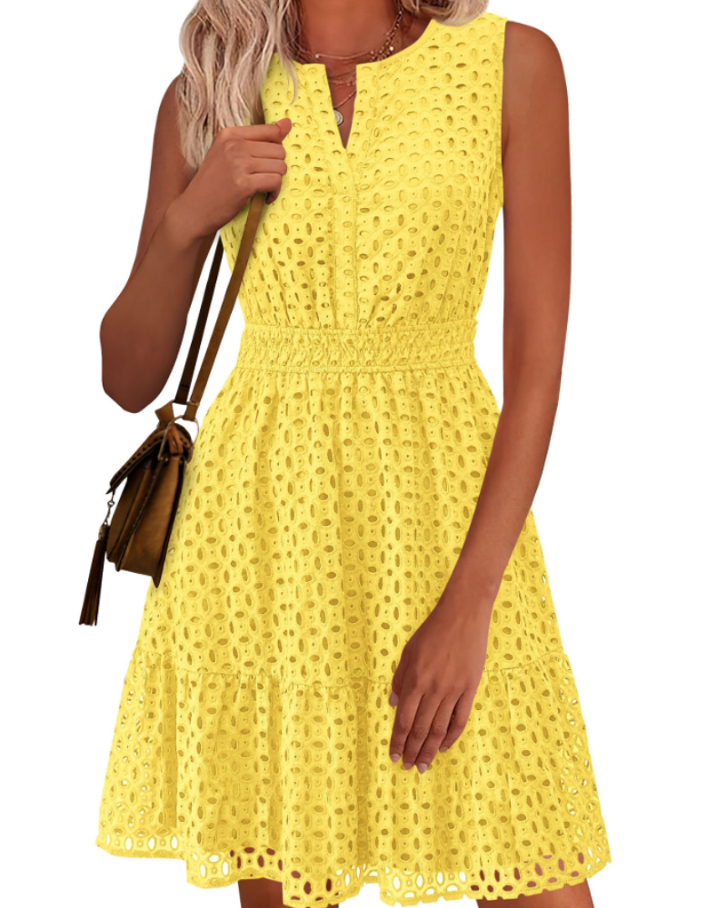 Vestido Clarisse Mulher – Vestido de Verão A-Line Decote em V Sem Mangas Bordado Inglês Cintura Elástica