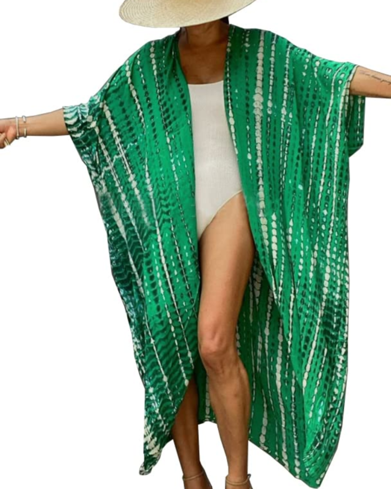 Ninna Dámský Kaftan – Dlouhé Bohémské Kimono s Květinovým Potiskem, Plážové Lehoučké Letní Překrytí