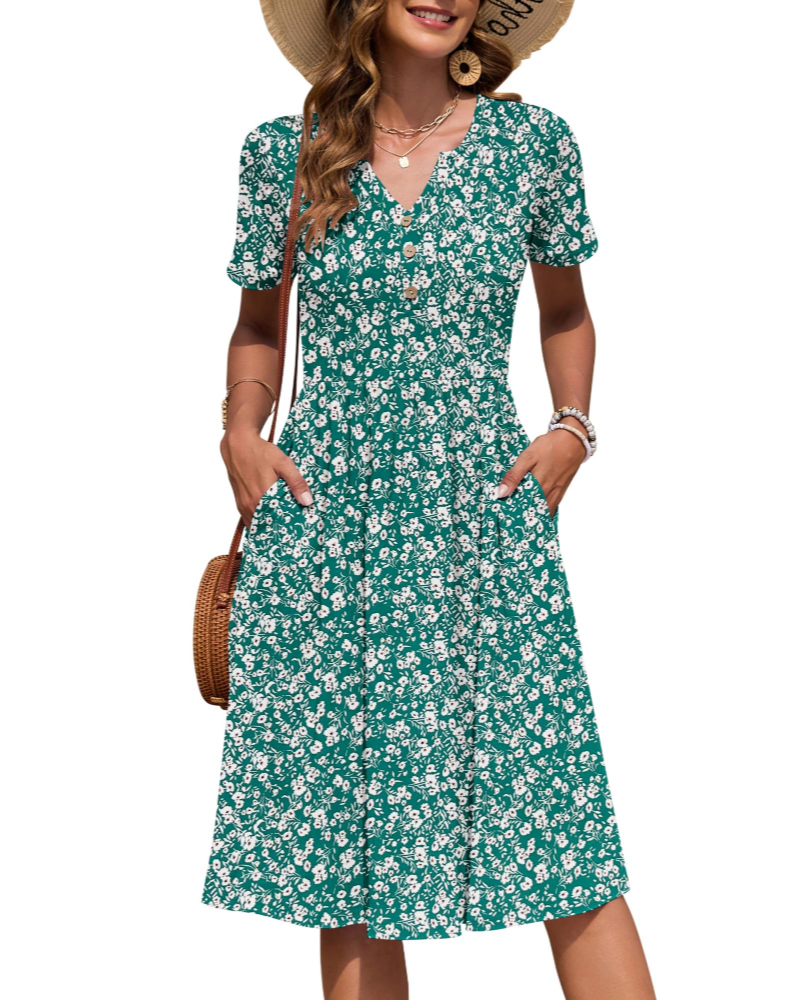 Ester Damenkleid – Midikleid für den Sommer mit V-Ausschnitt, kurzen Ärmeln, Knopfleiste, Empire-Taille und Taschen