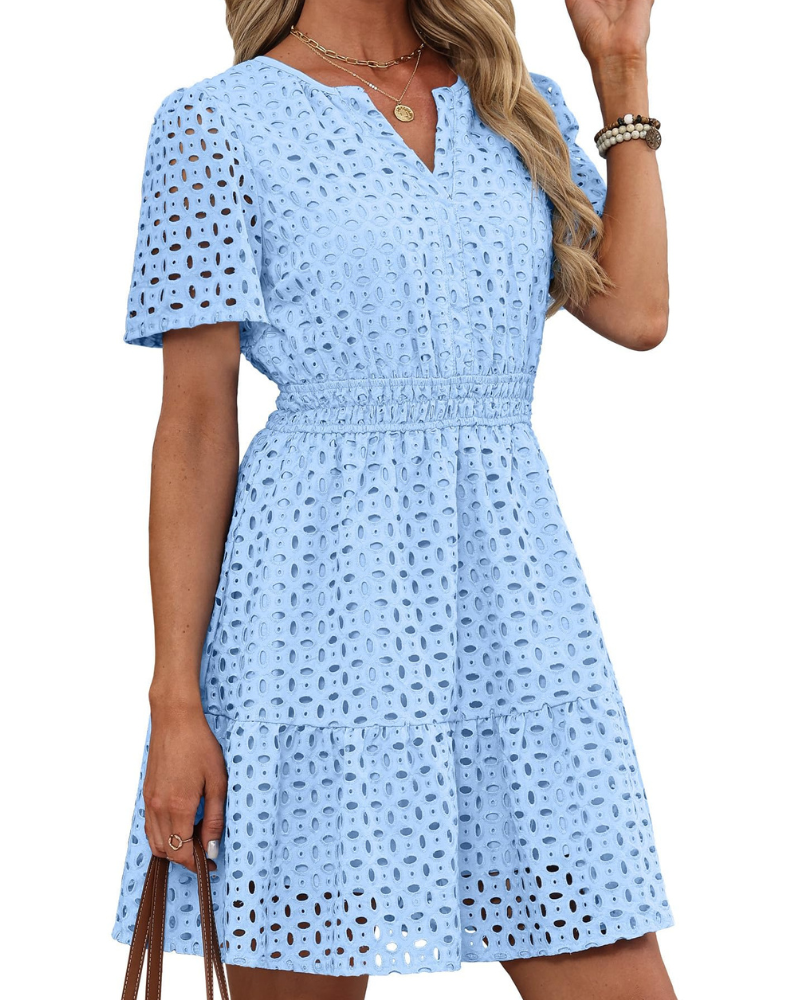 Hedwig Robe Femme – Col V Dentelle Brodée, Manches Courtes & Coupe Mini Taille Haute Été
