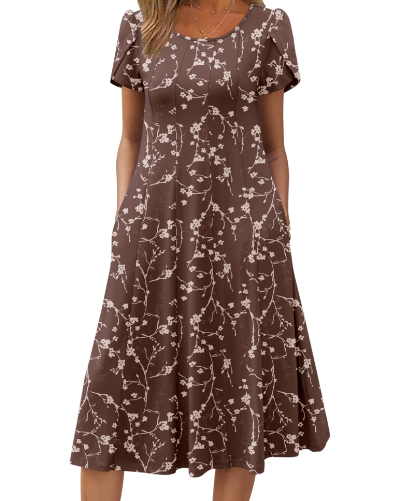 Vestido Camille Mulher – Vestido Midi Floral Corte A Linha Mangas Curtas Bolsos Cintura Alta Verão
