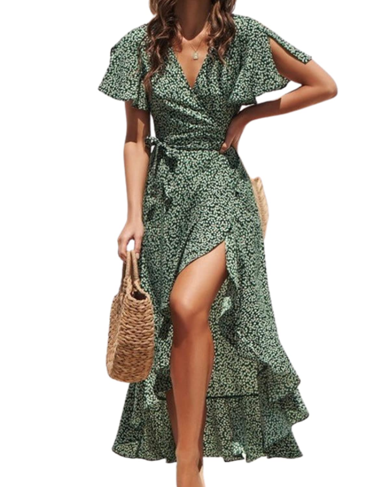 Lionie Robe Femme – Robe Longue Portefeuille Fleurie Col V Manches Courtes Volants Taille Ajustable