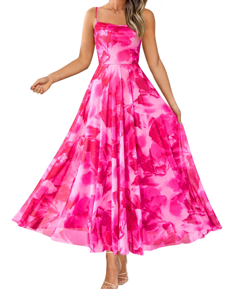 Denise Robe Femme – Robe Maxi Fleurie Bretelles Fines Col Drapé Coupe A-Line Élégante