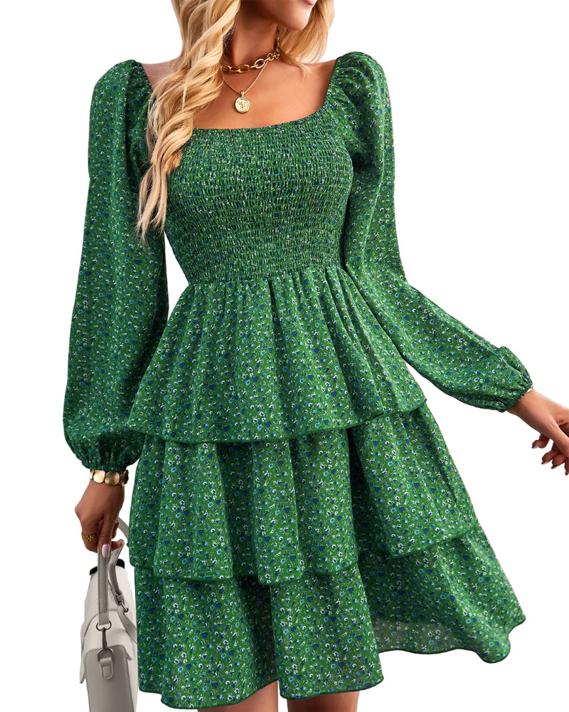 Léa Robe Femme – Robe Bohème Mini Col Carré Smockée Taille Haute Manches Longues Volants