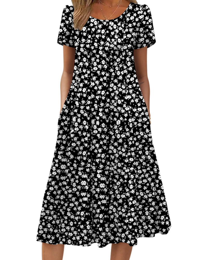 Vestido Camille Mulher – Vestido Midi Floral Corte A Linha Mangas Curtas Bolsos Cintura Alta Verão