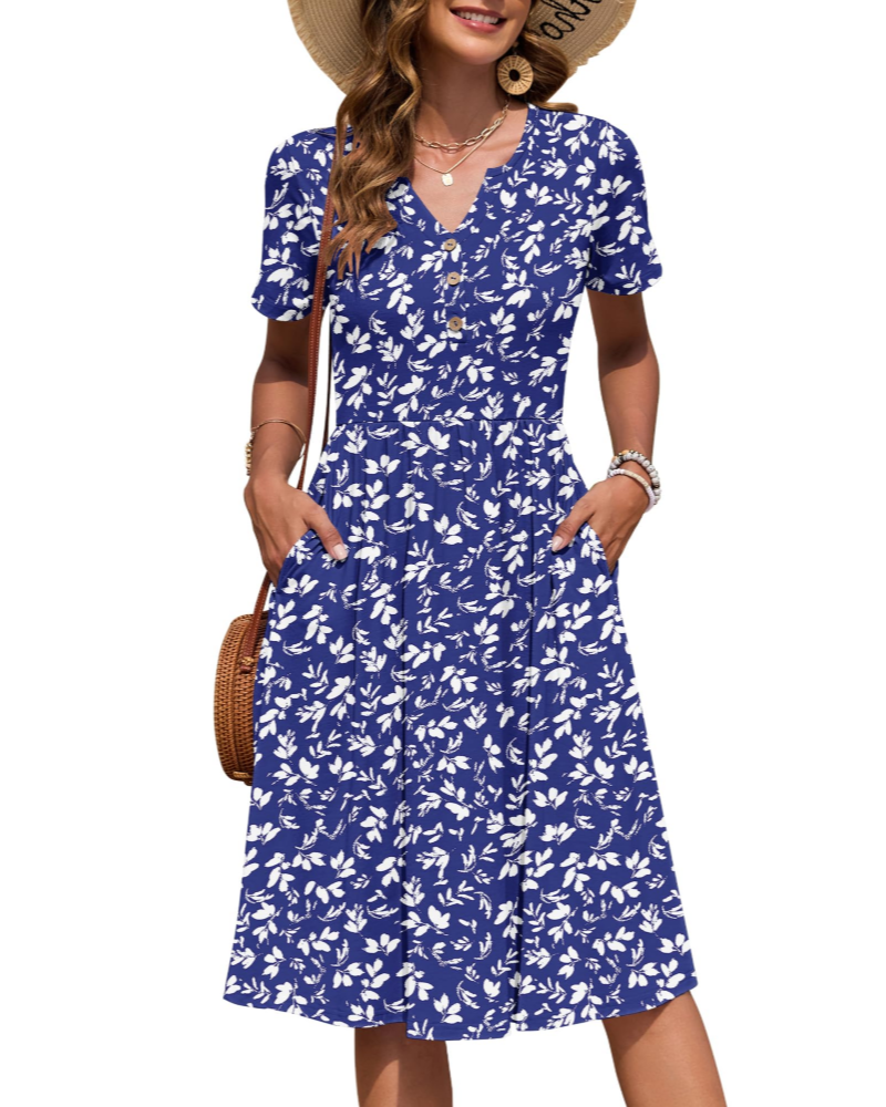 Ester Damenkleid – Midikleid für den Sommer mit V-Ausschnitt, kurzen Ärmeln, Knopfleiste, Empire-Taille und Taschen
