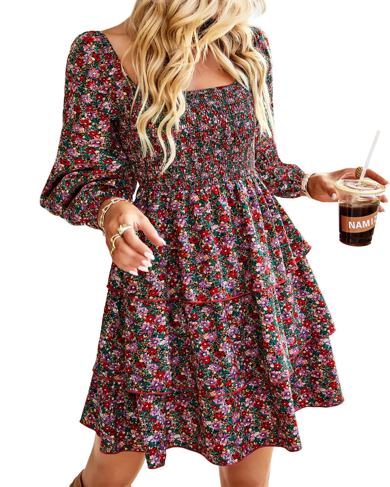 Léa Robe Femme – Robe Bohème Mini Col Carré Smockée Taille Haute Manches Longues Volants