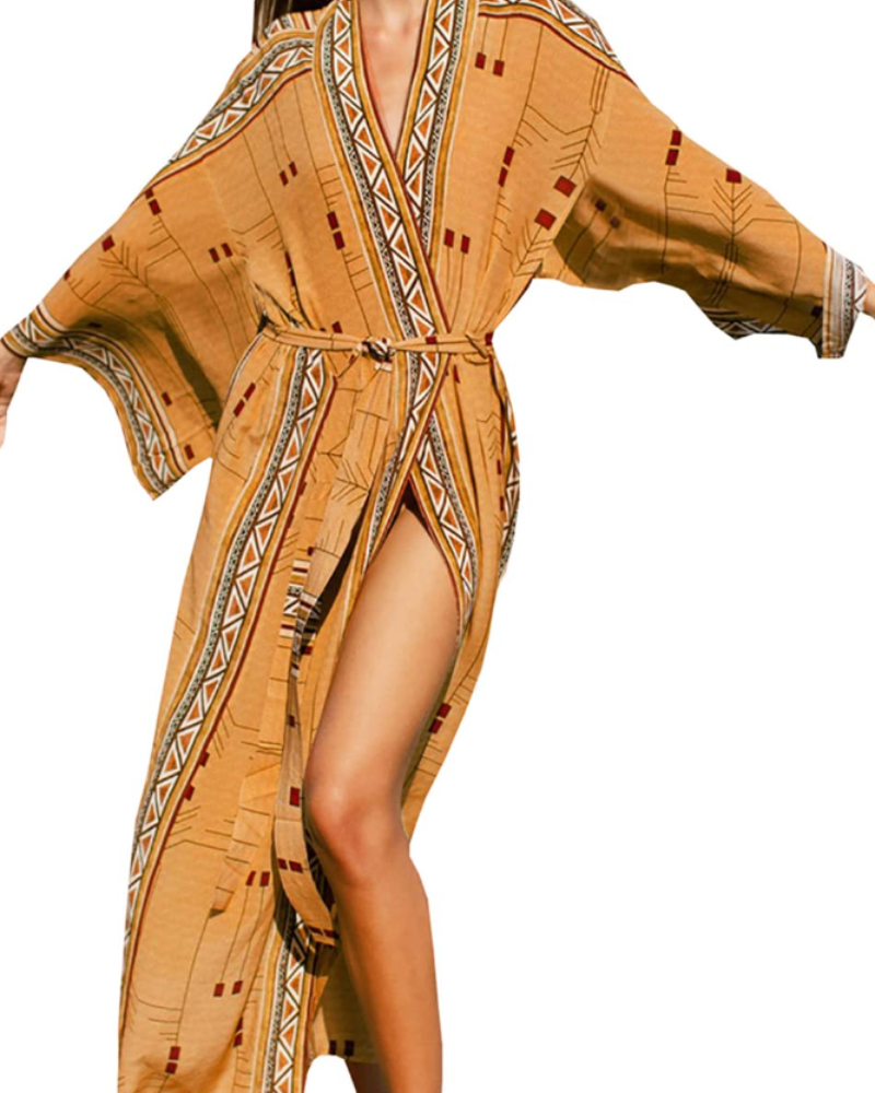 Ninna Dámský Kaftan – Dlouhé Bohémské Kimono s Květinovým Potiskem, Plážové Lehoučké Letní Překrytí