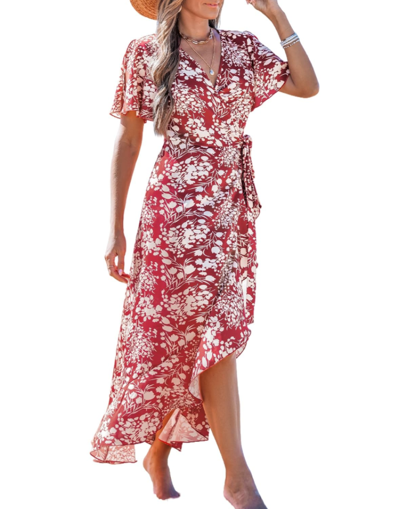 Lionie Robe Femme – Robe Longue Portefeuille Fleurie Col V Manches Courtes Volants Taille Ajustable