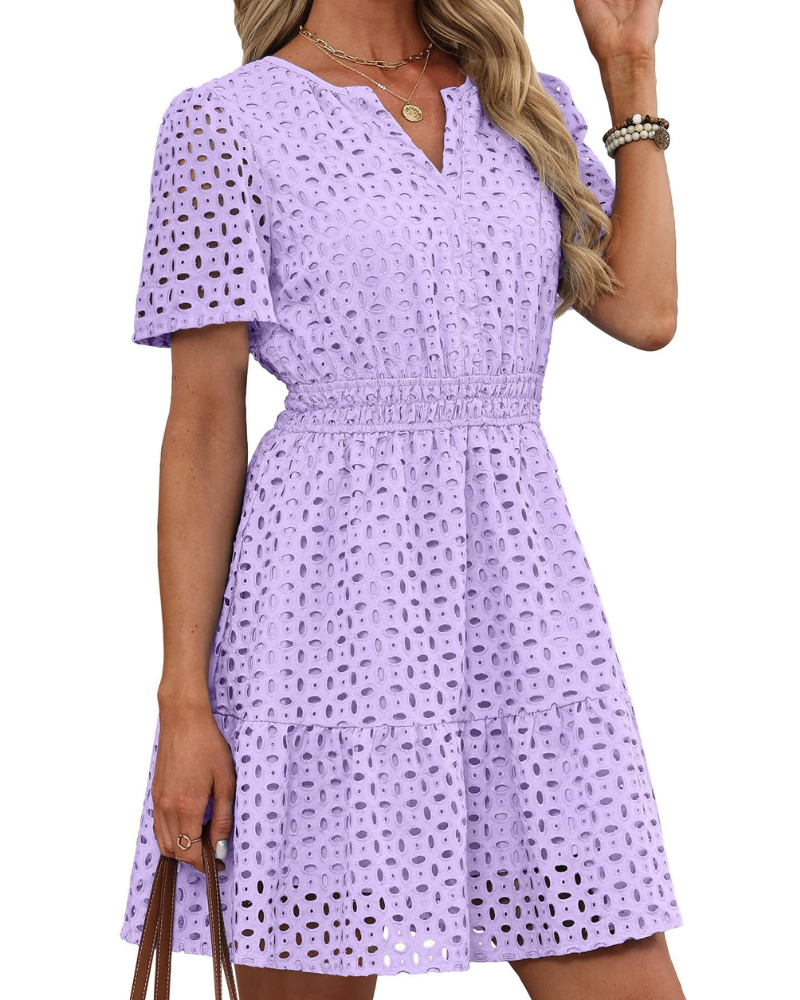 Hedwig Robe Femme – Col V Dentelle Brodée, Manches Courtes & Coupe Mini Taille Haute Été