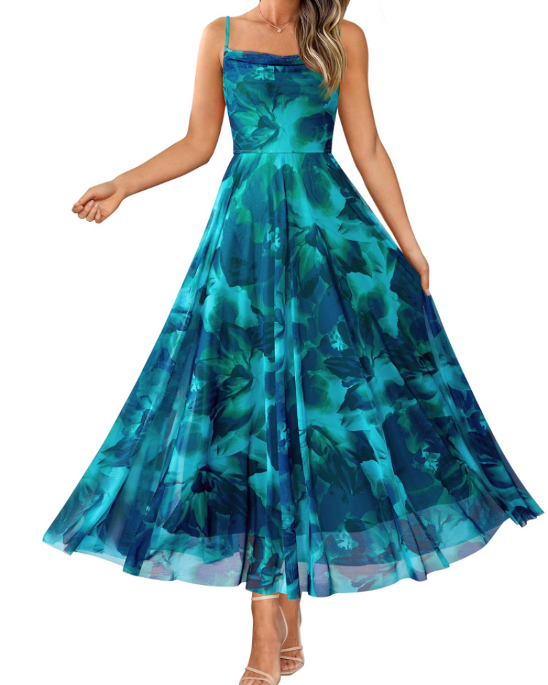 Denise Robe Femme – Robe Maxi Fleurie Bretelles Fines Col Drapé Coupe A-Line Élégante