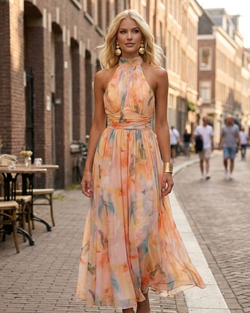 Dámske letné šaty Amarah – šifónové šaty s halter výstrihom, broskyňový potlač, voľný a elegantný strih