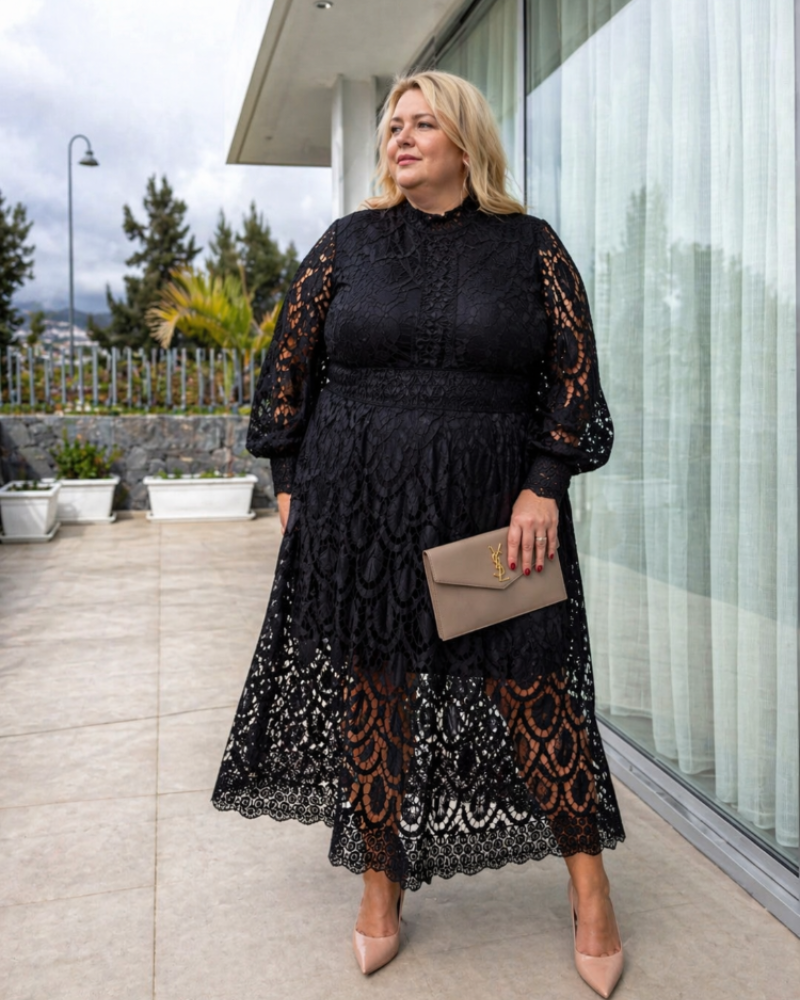 Celestine haljina za žene s oblinama velikih veličina – elegantna čipkasta haljina s dugim rukavima za večernje izlaske
