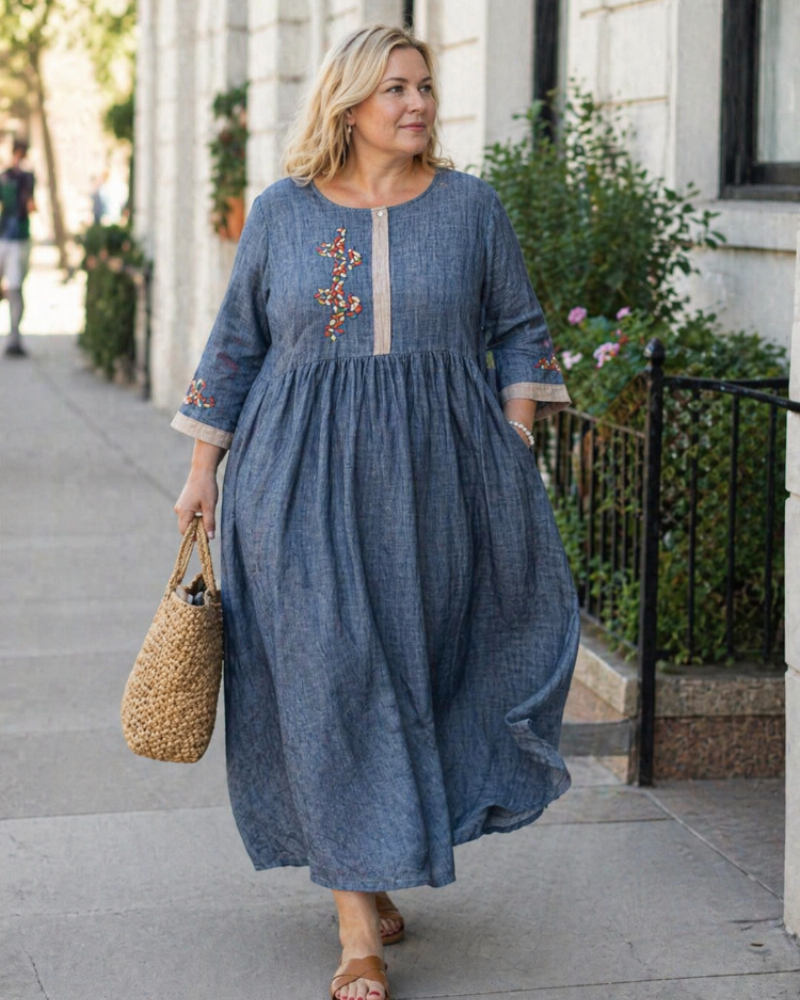 Farah Robe Femme Curvy Grande Taille – Robe Bohème Coton Lin Brodée Coupe Ample Confortable