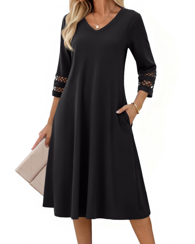 Rummi Damenkleid – V-Ausschnitt, 3/4-Ärmel aus Spitze & A-Linien-Midilänge mit Taschen