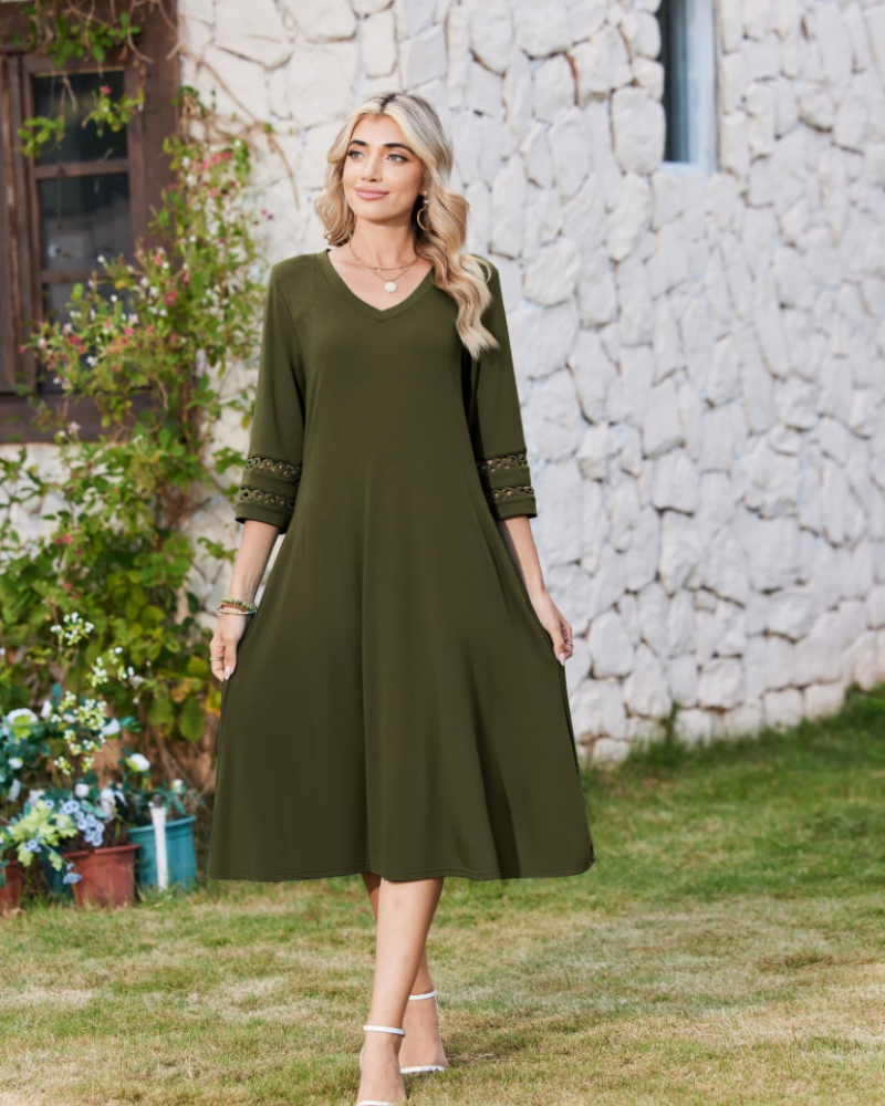 Rummi Damenkleid – V-Ausschnitt, 3/4-Ärmel aus Spitze & A-Linien-Midilänge mit Taschen