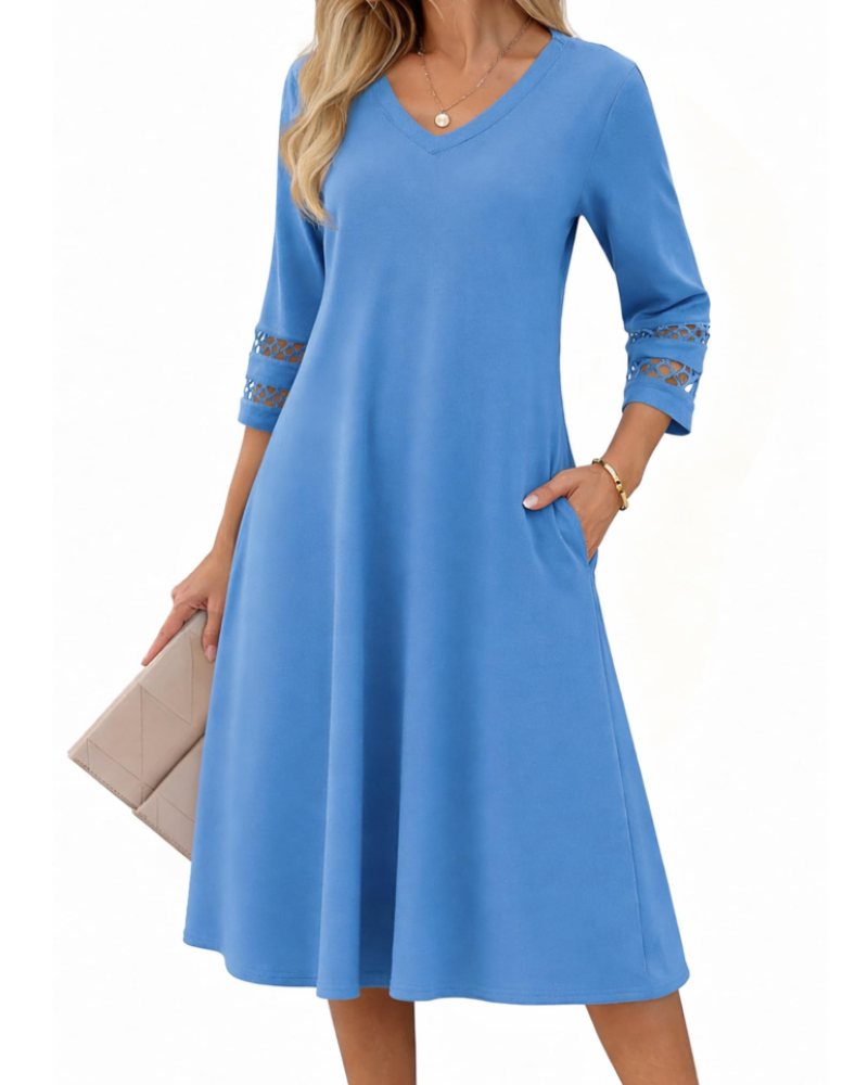 Rummi Damenkleid – V-Ausschnitt, 3/4-Ärmel aus Spitze & A-Linien-Midilänge mit Taschen
