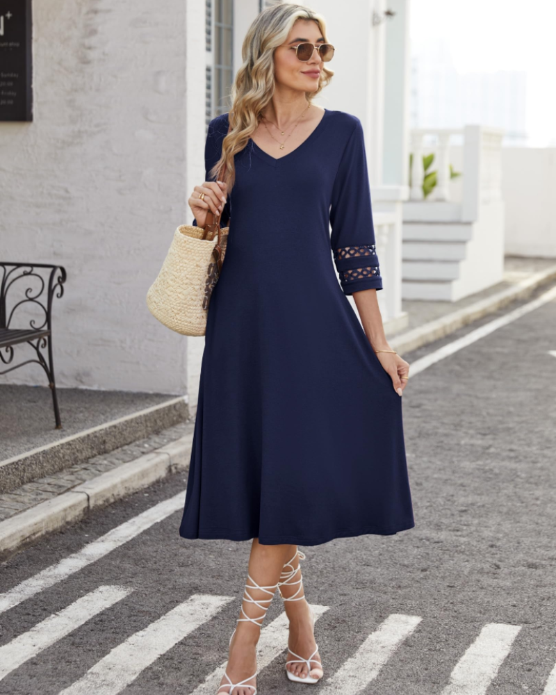 Rummi Damenkleid – V-Ausschnitt, 3/4-Ärmel aus Spitze & A-Linien-Midilänge mit Taschen
