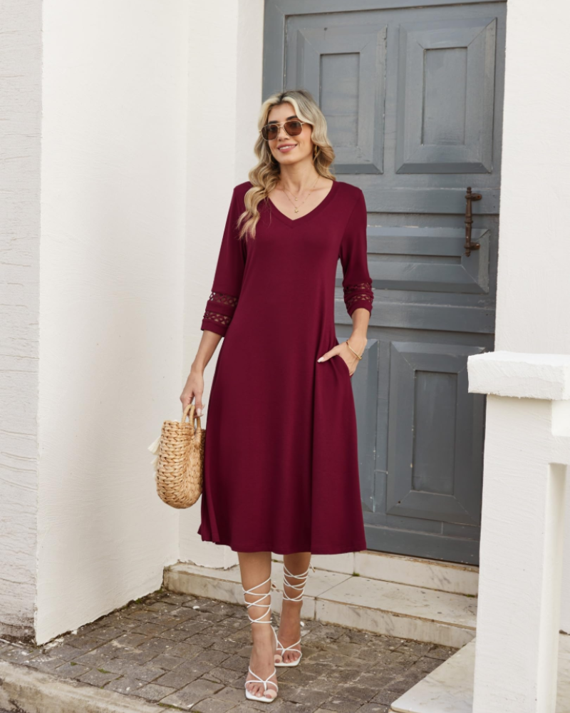 Rummi Damenkleid – V-Ausschnitt, 3/4-Ärmel aus Spitze & A-Linien-Midilänge mit Taschen