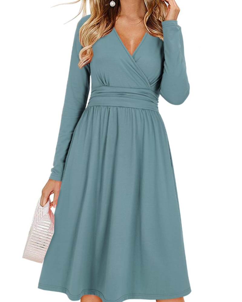 Regina Robe Femme – Col V Uni, Manches Longues & Coupe A-Line Midi avec Poches