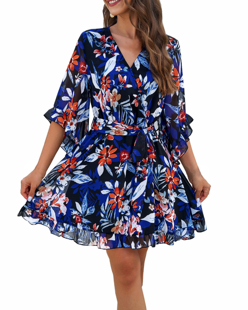 Odessa Robe Femme – Cache-Cœur Col V Floral, Manches Cloche & Mousseline Mini Élégante