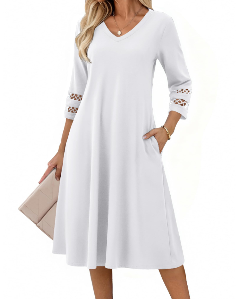 Rummi Damenkleid – V-Ausschnitt, 3/4-Ärmel aus Spitze & A-Linien-Midilänge mit Taschen