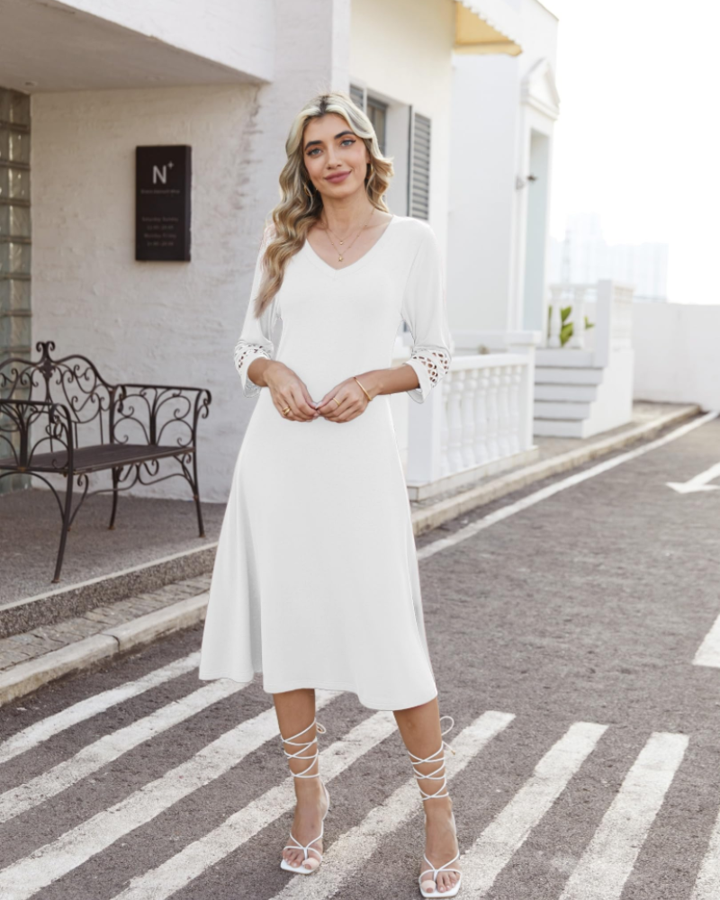 Rummi Damenkleid – V-Ausschnitt, 3/4-Ärmel aus Spitze & A-Linien-Midilänge mit Taschen