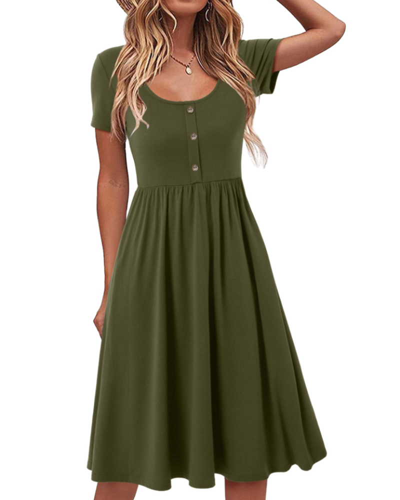 Vestido Maloi Mulher – Gola Redonda, Corte A-Line Midi e Cintura Elástica com Bolsos Verão
