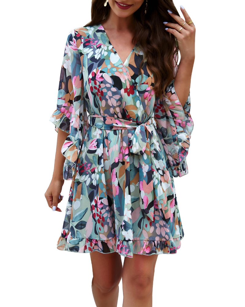 Odessa Robe Femme – Cache-Cœur Col V Floral, Manches Cloche & Mousseline Mini Élégante