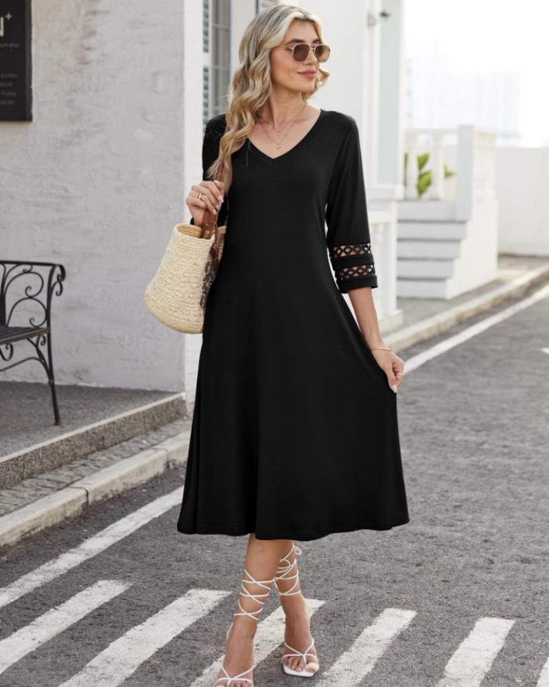 Rummi Damenkleid – V-Ausschnitt, 3/4-Ärmel aus Spitze & A-Linien-Midilänge mit Taschen