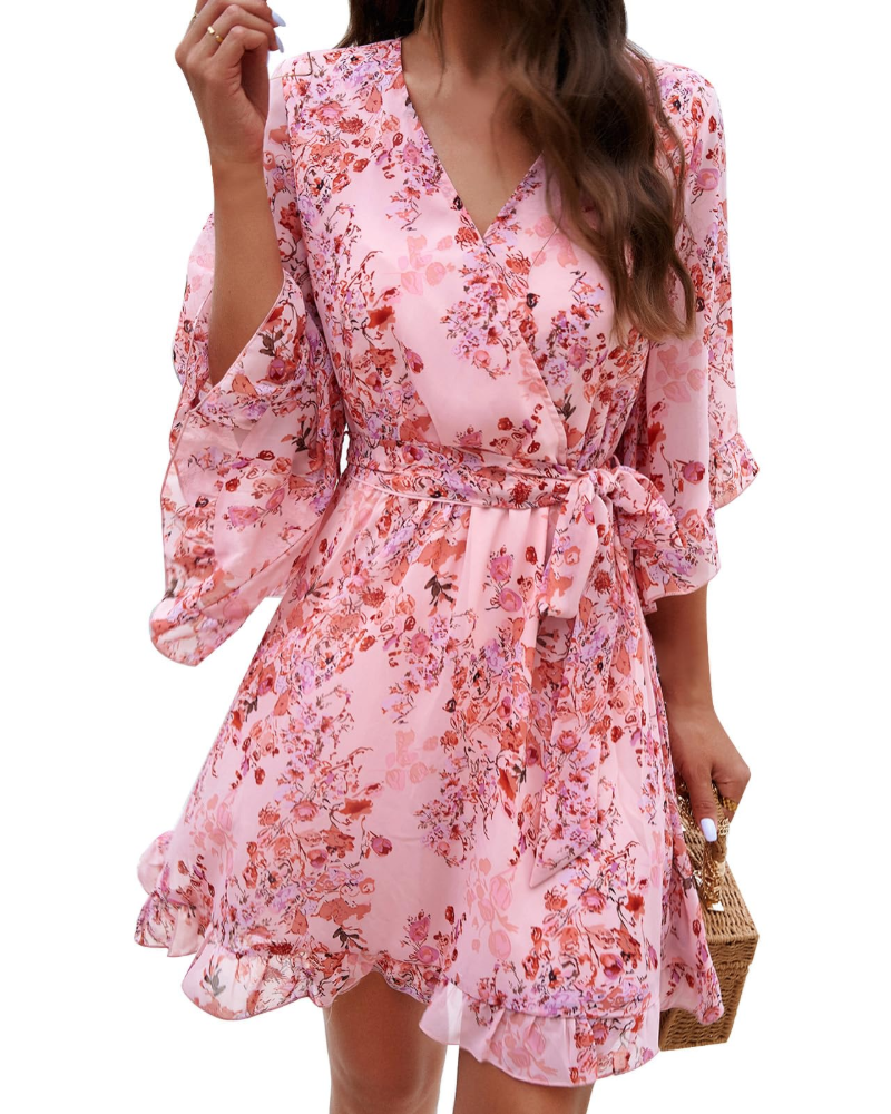 Odessa Robe Femme – Cache-Cœur Col V Floral, Manches Cloche & Mousseline Mini Élégante