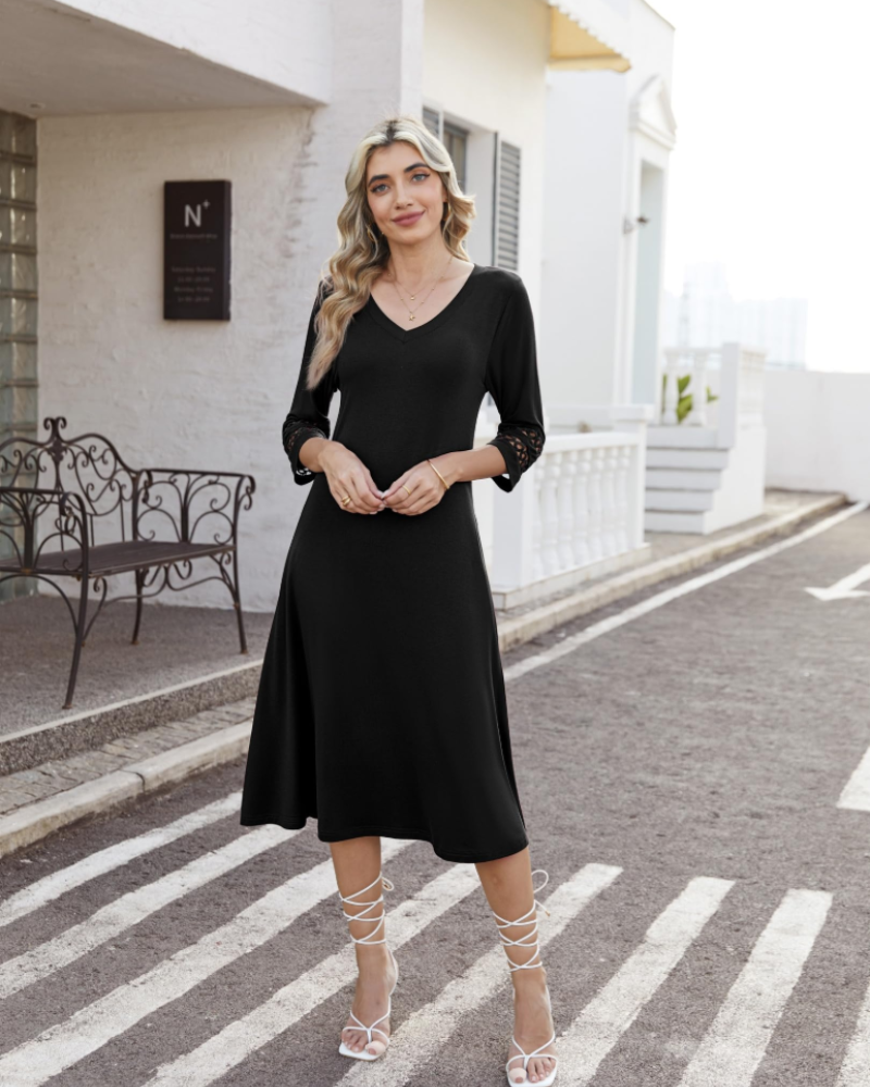 Rummi Damenkleid – V-Ausschnitt, 3/4-Ärmel aus Spitze & A-Linien-Midilänge mit Taschen