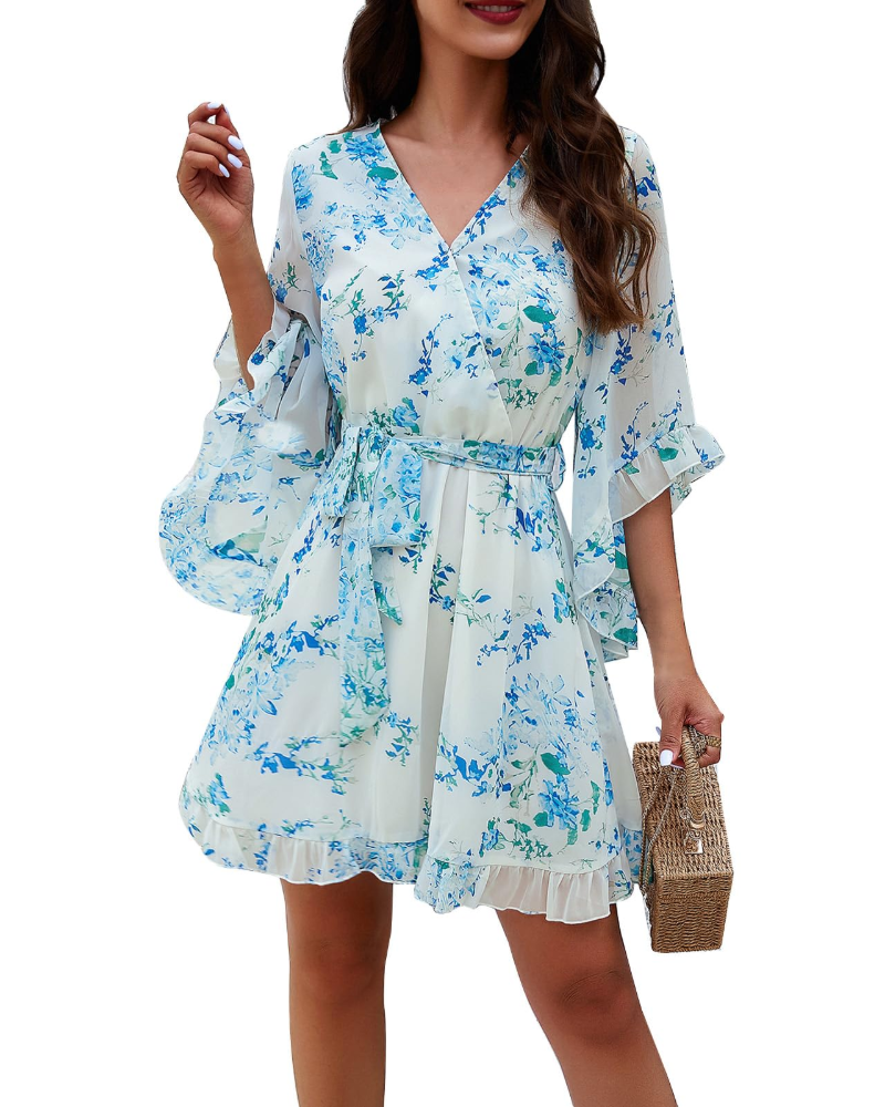 Odessa Robe Femme – Cache-Cœur Col V Floral, Manches Cloche & Mousseline Mini Élégante