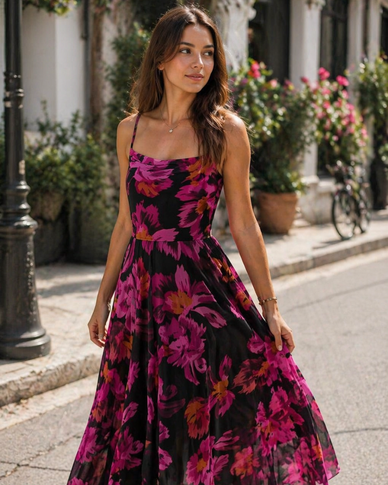 Denise Robe Femme – Robe Maxi Fleurie Bretelles Fines Col Drapé Coupe A-Line Élégante