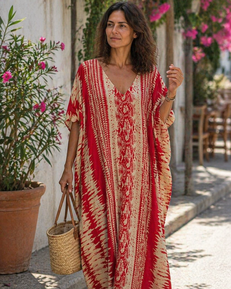 Ninna Dámský Kaftan – Dlouhé Bohémské Kimono s Květinovým Potiskem, Plážové Lehoučké Letní Překrytí