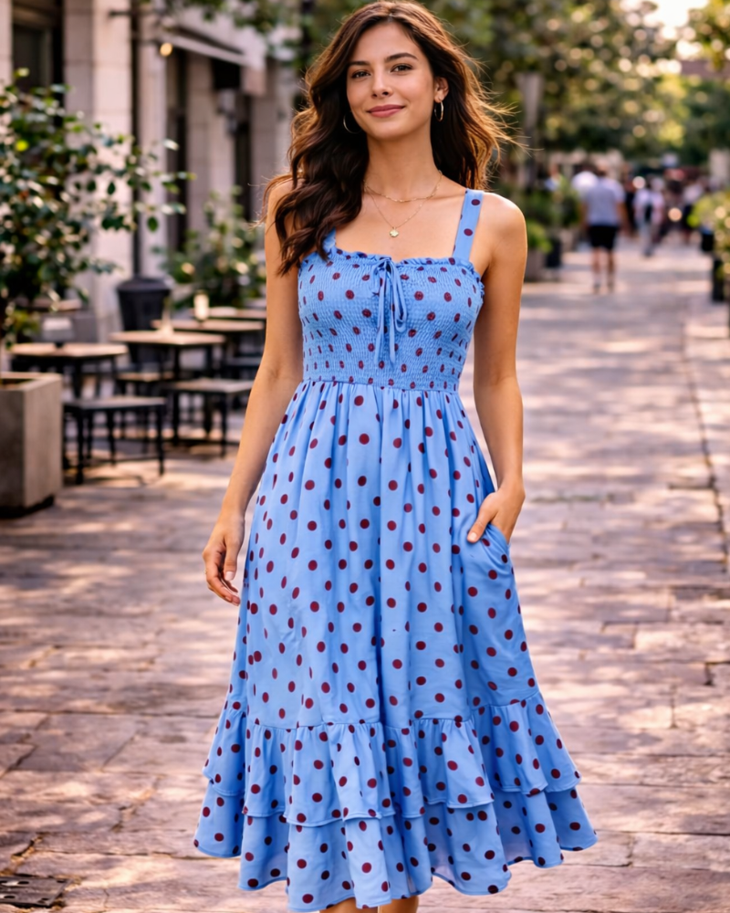 Mildred Women's Maxi Dress – Square Neck, Straps, Smocked A-Line Cut & Ruffled Hem Summer