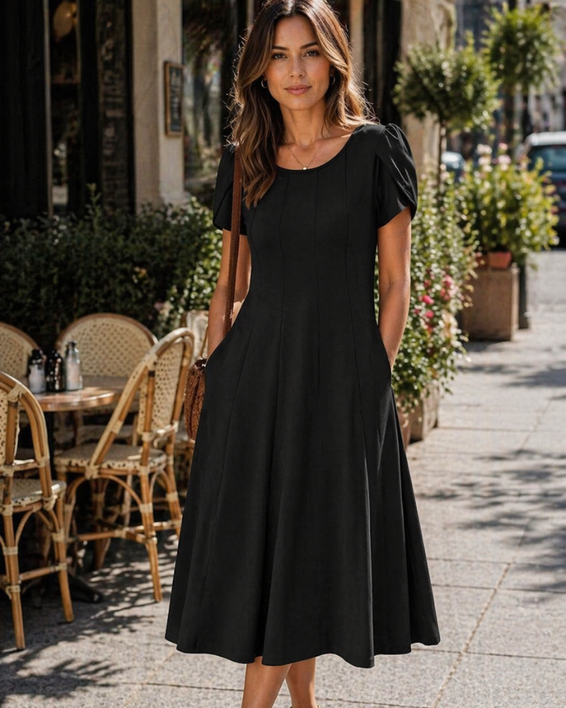 Vestido Camille Mulher – Vestido Midi Floral Corte A Linha Mangas Curtas Bolsos Cintura Alta Verão