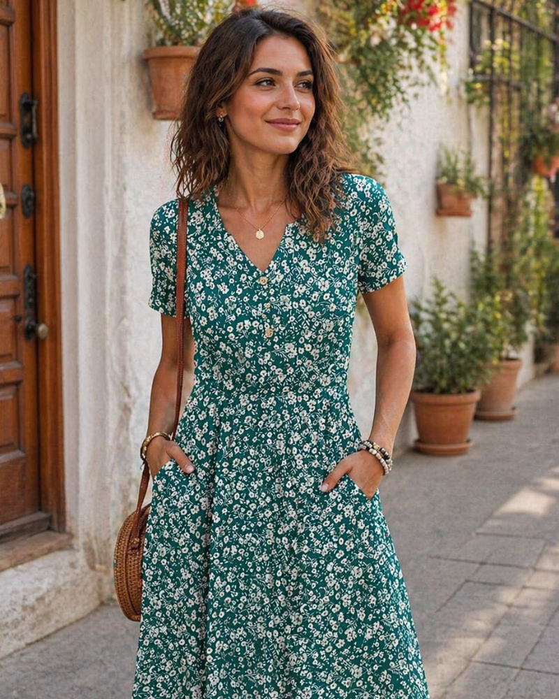 Ester Damenkleid – Midikleid für den Sommer mit V-Ausschnitt, kurzen Ärmeln, Knopfleiste, Empire-Taille und Taschen
