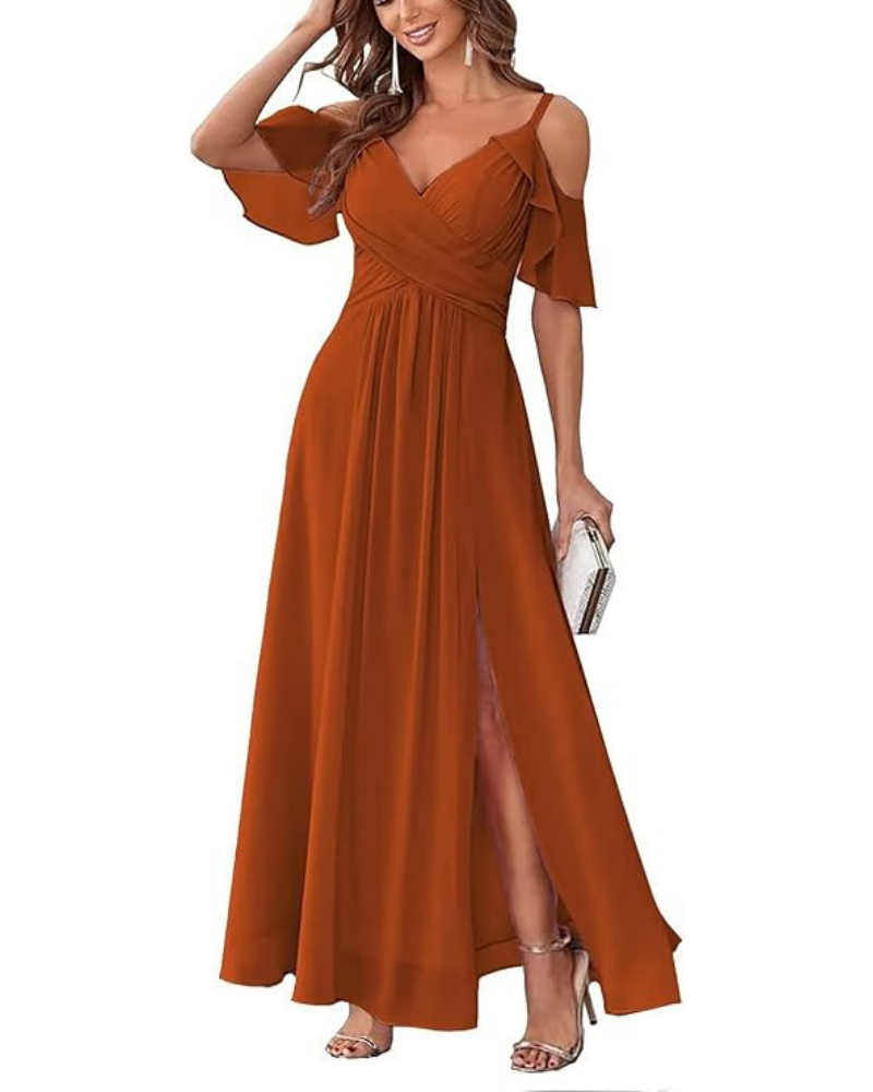 Georgia Robe Longue Femme – Mousseline Épaules Dénudées, Col V & Coupe A-Line Élégante