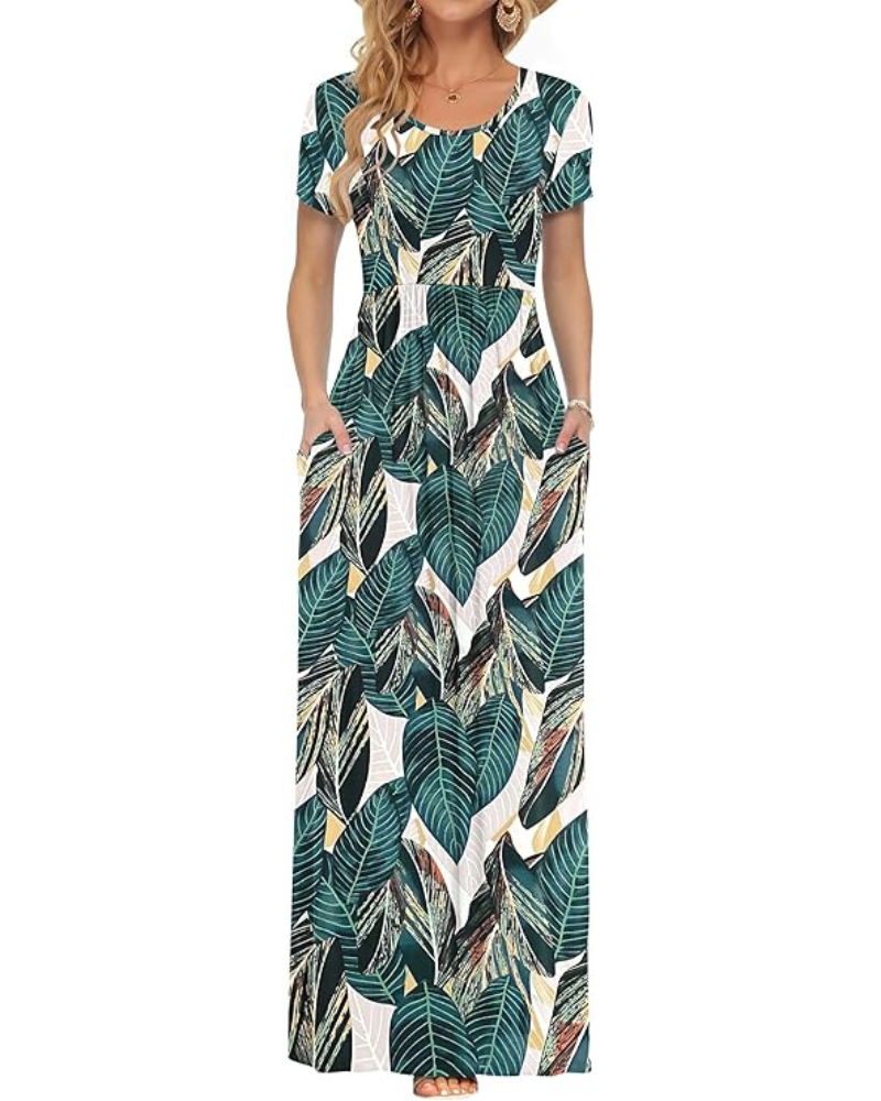 Fenna Robe Maxi Femme – Robe Longue Décontractée Manches Courtes Poches Taille Élastique