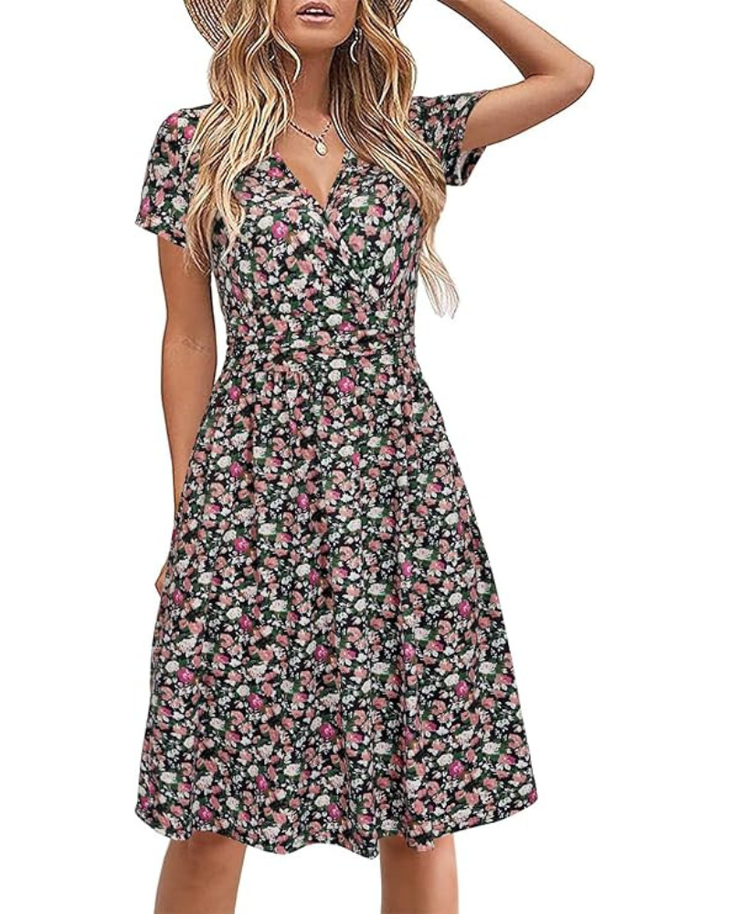 Genesis Robe Femme – Blomstret Print, Kryds V-Hals & Lommer Elegant A-Linje Snit