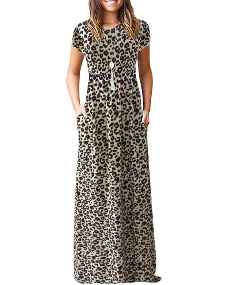 Fenna Robe Maxi Femme – Robe Longue Décontractée Manches Courtes Poches Taille Élastique