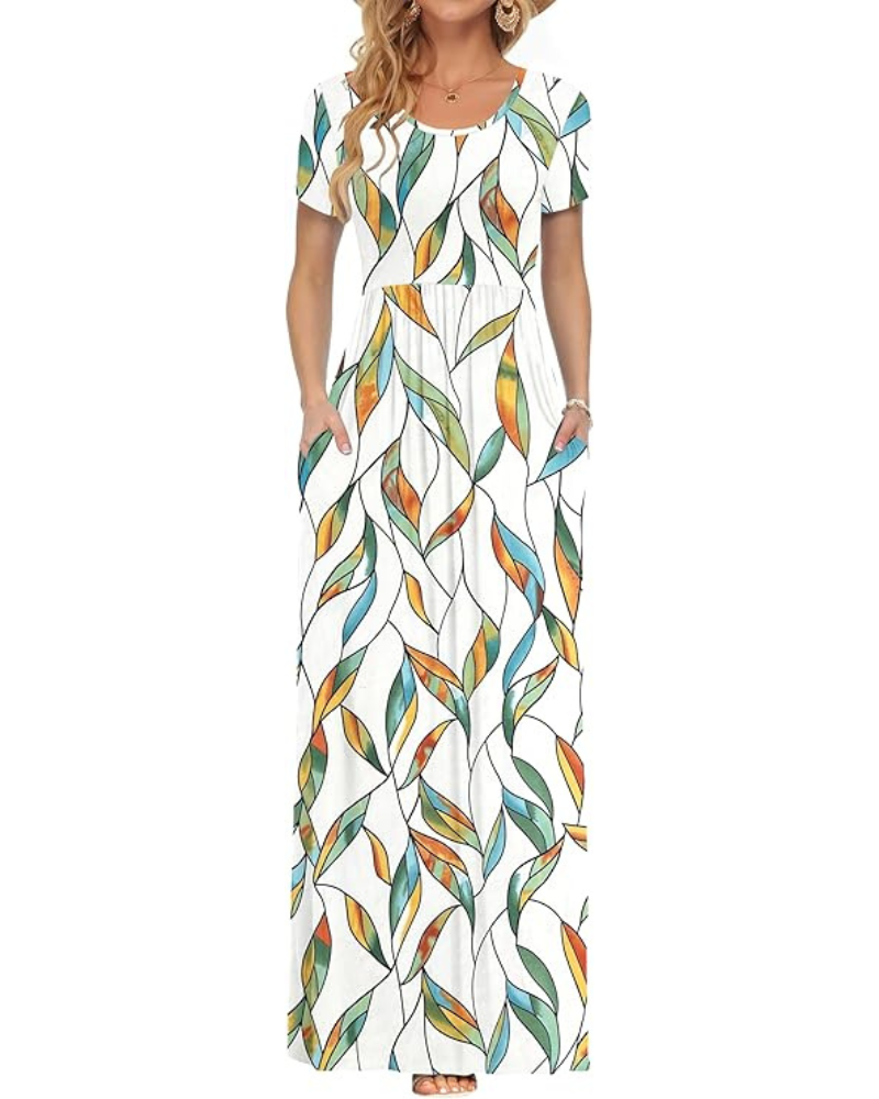 Fenna Robe Maxi Femme – Robe Longue Décontractée Manches Courtes Poches Taille Élastique