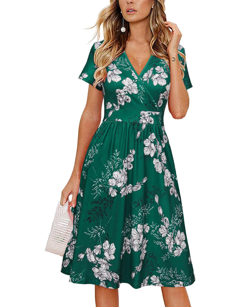 Evania Damenrobe – Wickelkleid mit V-Ausschnitt, A-Linien-Schnitt & Taschen, elegante knielange Länge