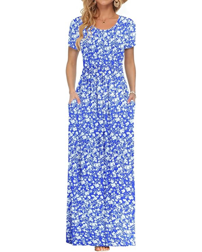 Fenna Robe Maxi Femme – Robe Longue Décontractée Manches Courtes Poches Taille Élastique